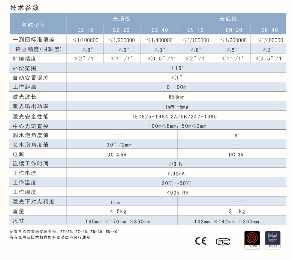 EZ-10、EZ-20、EZ-40激光自動安平天頂儀/上垂準(zhǔn)儀技術(shù)參數(shù)